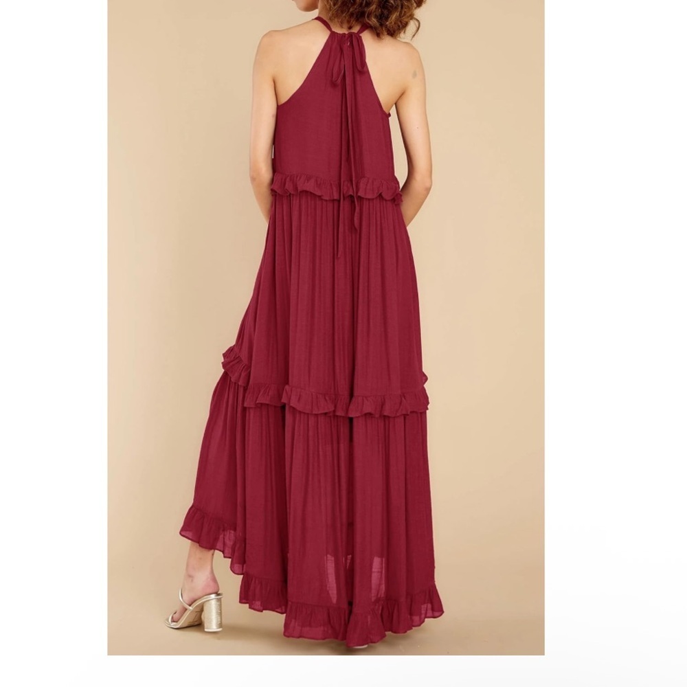 Burgundy Halter Tiered Maxi Dress Ruffle Boho Formal Wedding Guest Sz Small - Picture 5 of 8